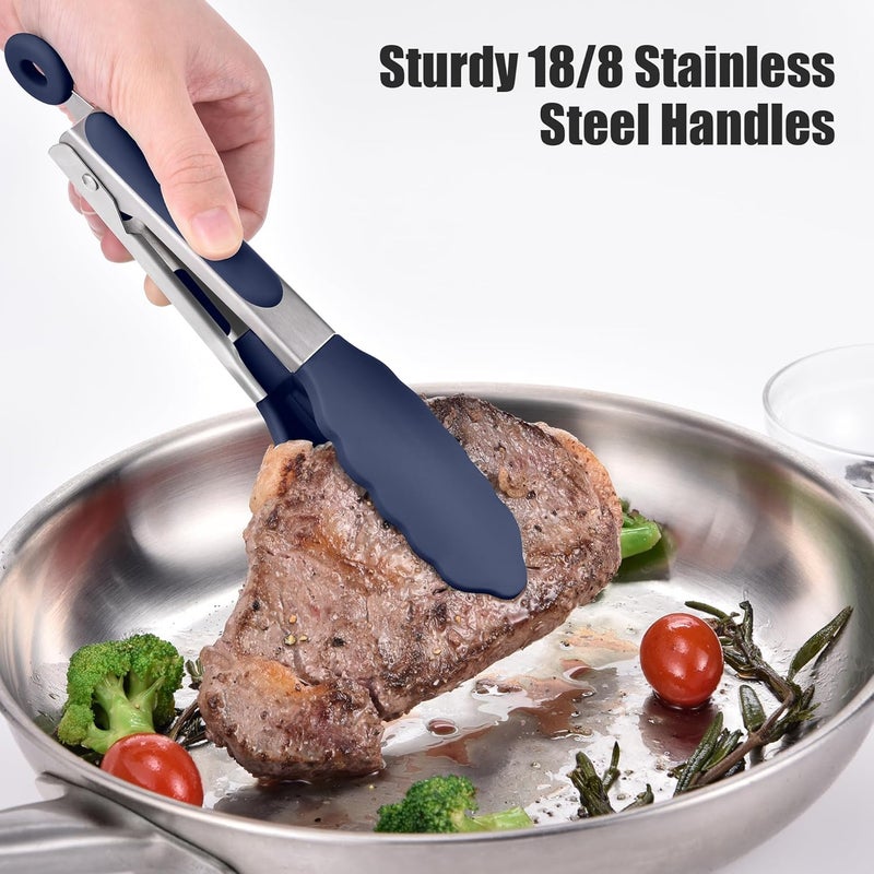 Doosu Kitchen Tongs for Cooking - 600°F Heat Resistant Food Tong with Non-Scratch Silicone Tips, Heavy Duty Stainless Steel Locking Tong for BBQ, Grilling Steak, Serving Salad Pasta (7in, Navy Blue) - Image 4